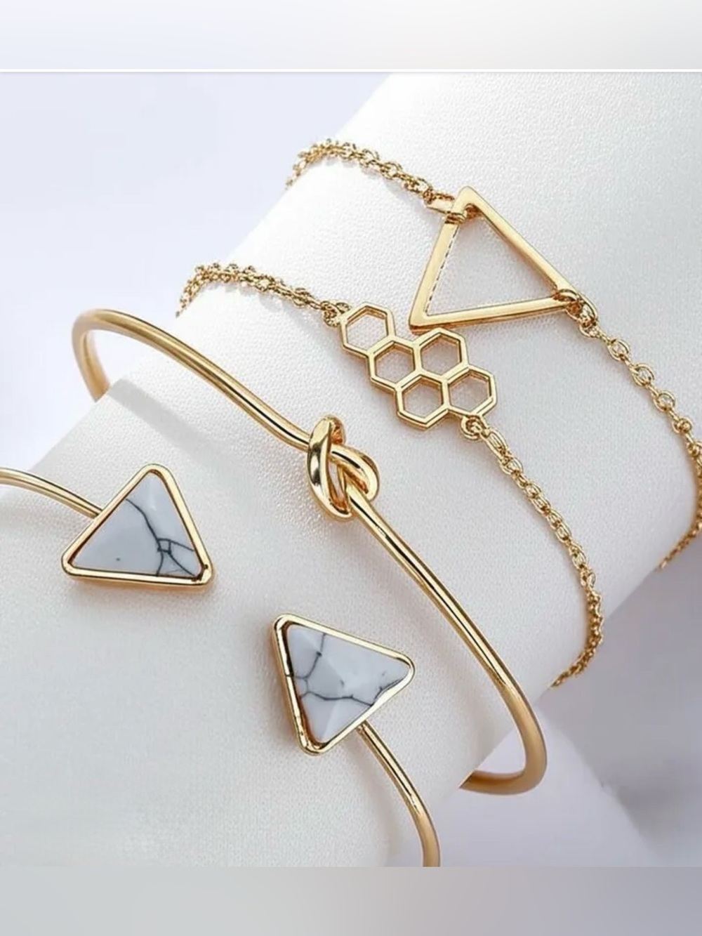 4pc Gold Boho Bracelet Set Marble Triangle Honeycomb Knot Cuff Chain Jewelry